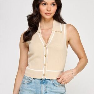 NWT Milk &Honey Beige /white Button Up Tank Top Sz L